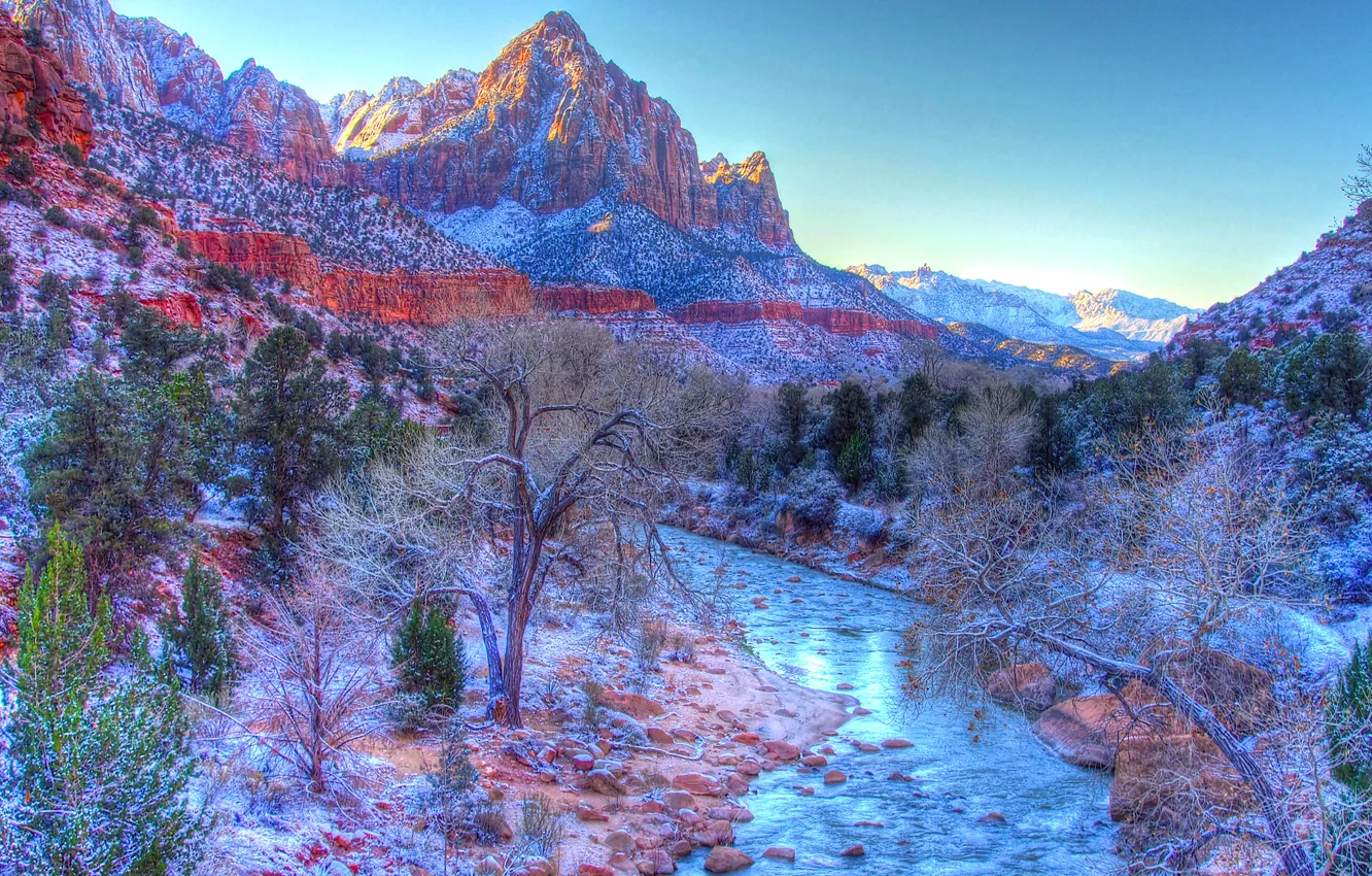 Photo wallpaper winter, the sky, snow, mountains, river, Utah, USA, zion national park