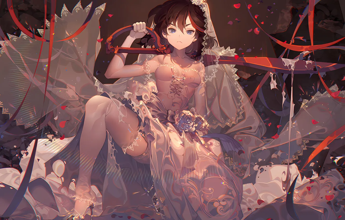 Photo wallpaper girl, cleavage, thighhighs, dress, legs, boobs, anime, beautiful