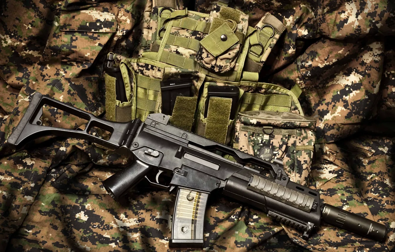Photo wallpaper equipment, automatic rifle, camouflage fabric