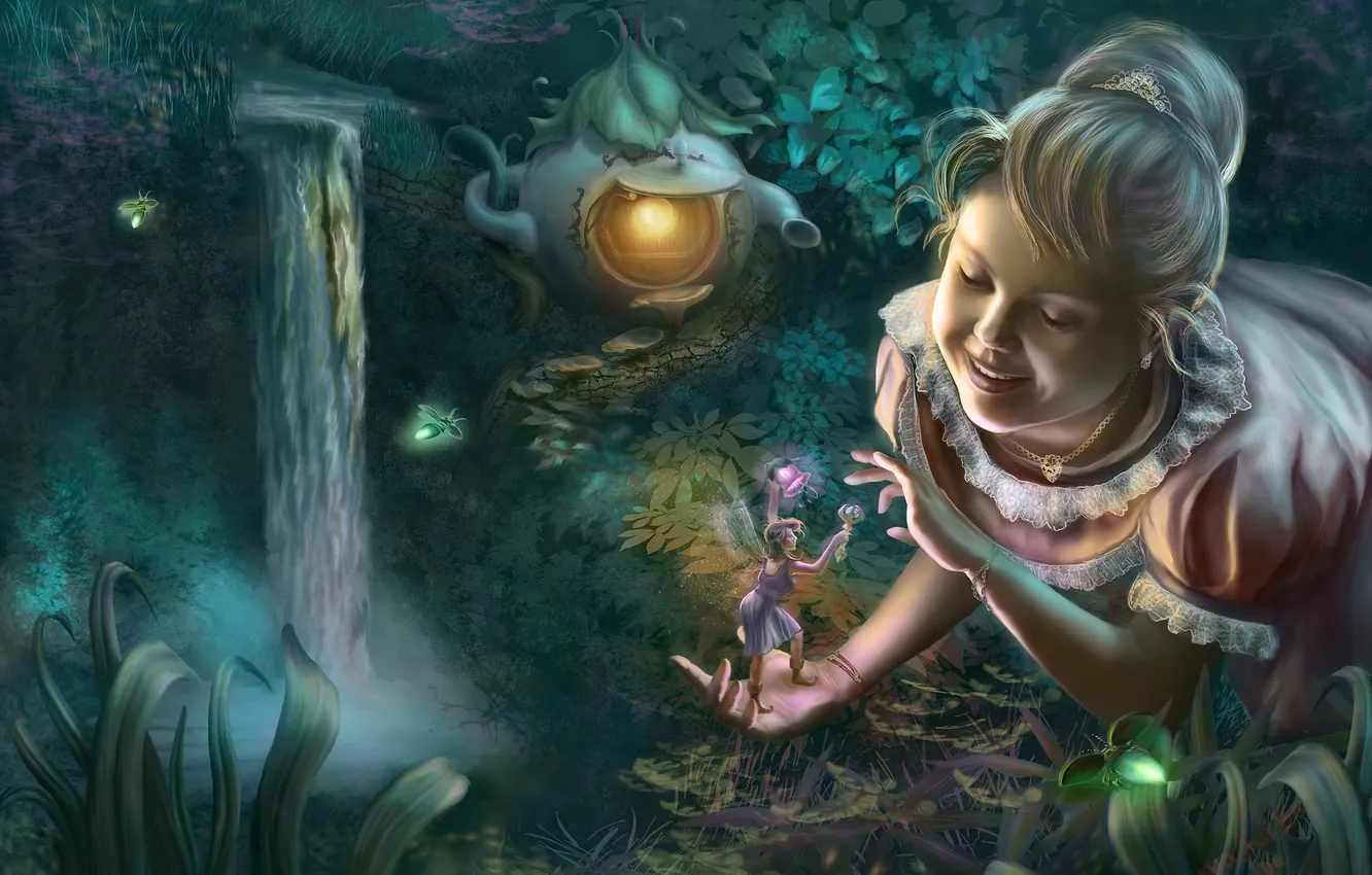 Photo wallpaper forest, decoration, fireflies, waterfall, home, wings, fairy, fantasy