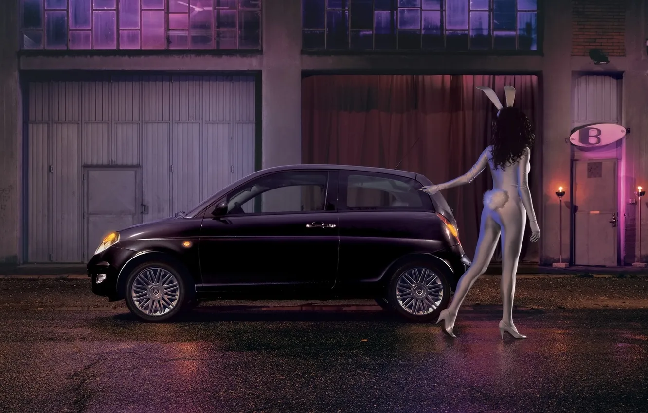 Photo wallpaper girl, night, street, bar, legs, side view, ponytail, Lancia