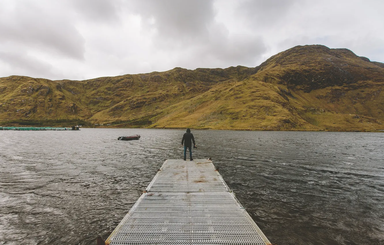 Photo wallpaper clouds, mountains, lake, boat, home, jeans, camera, pierce