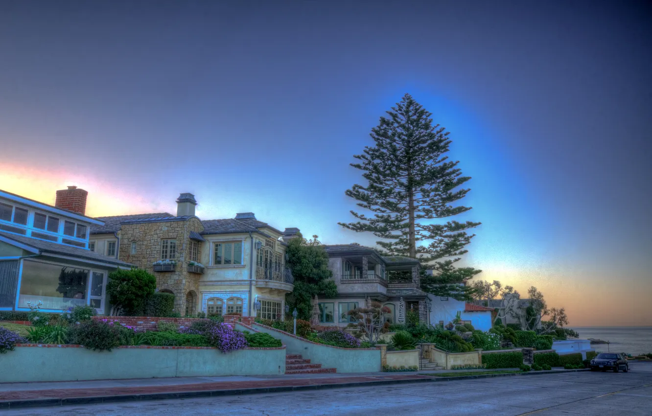 Photo wallpaper road, sea, trees, sunset, street, coast, home, treatment