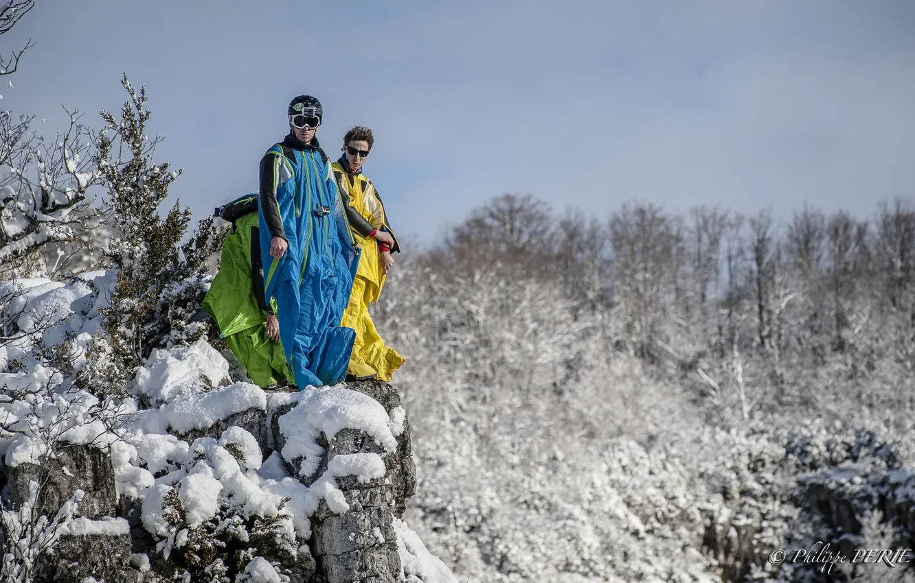 Photo wallpaper mountains, rocks, parachute, container, pilot, extreme sports, wingsuit, base jumping