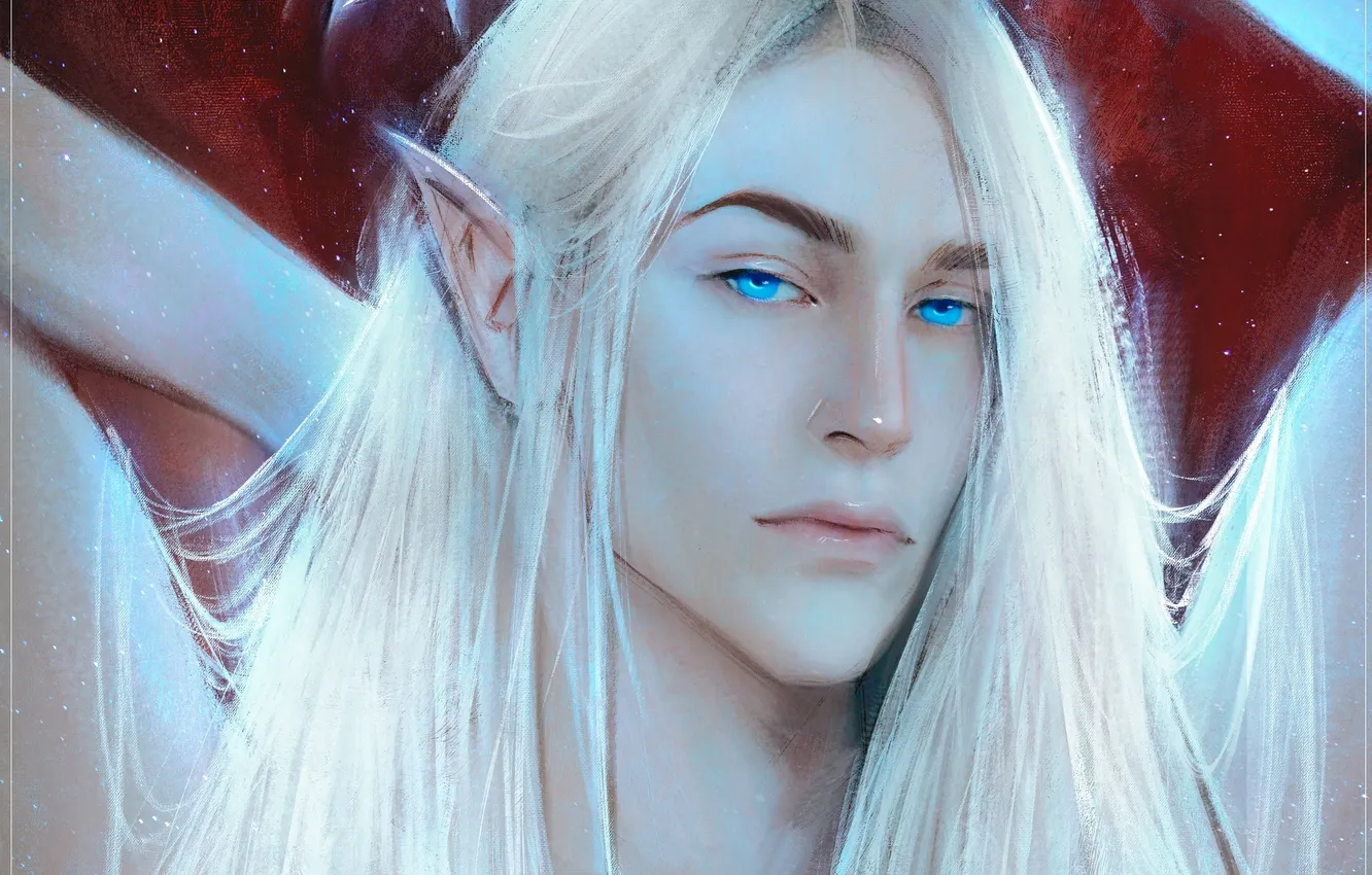 Photo wallpaper elf, guy, blue eyes, white hair, by Panda