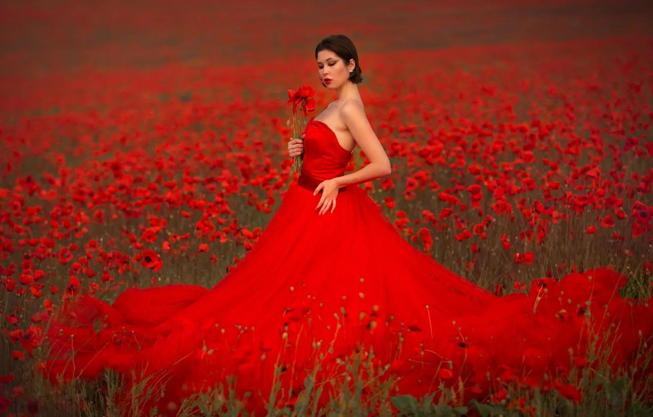 Photo wallpaper girl, flowers, pose, style, model, Maki, neckline, red dress