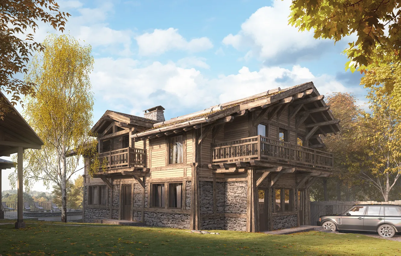 Photo wallpaper lawn, home, car, architecture, CHALET HOUSE