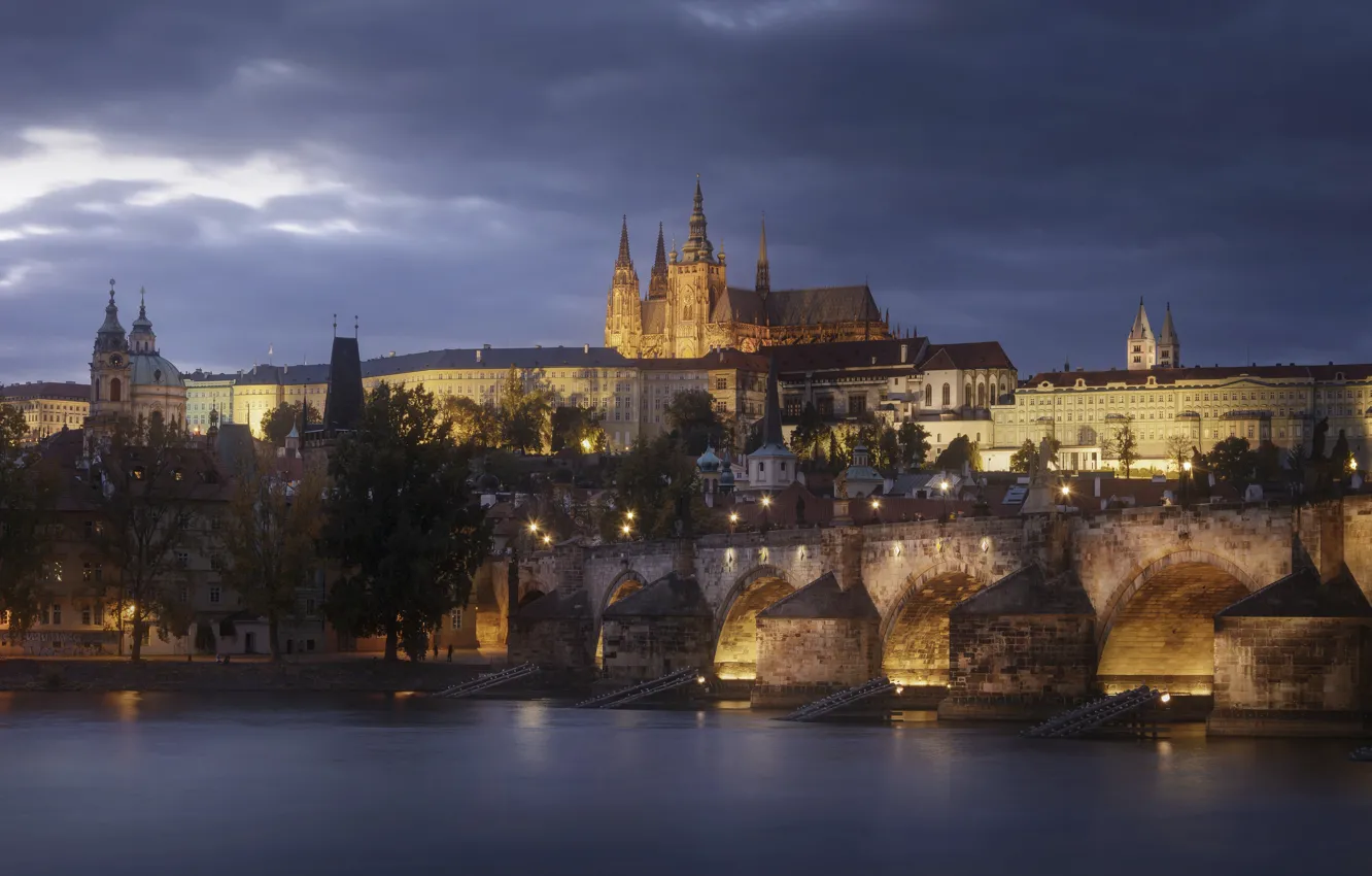 Photo wallpaper the city, river, building, the evening, Prague, Czech Republic, lighting, tower