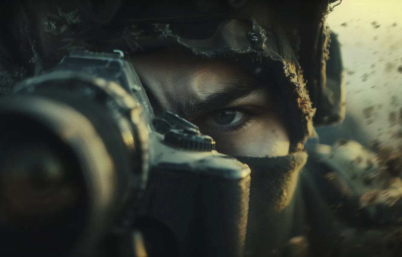 Photo wallpaper eyes, look, girl, soldiers, the camera, closeup, digital art, AI art