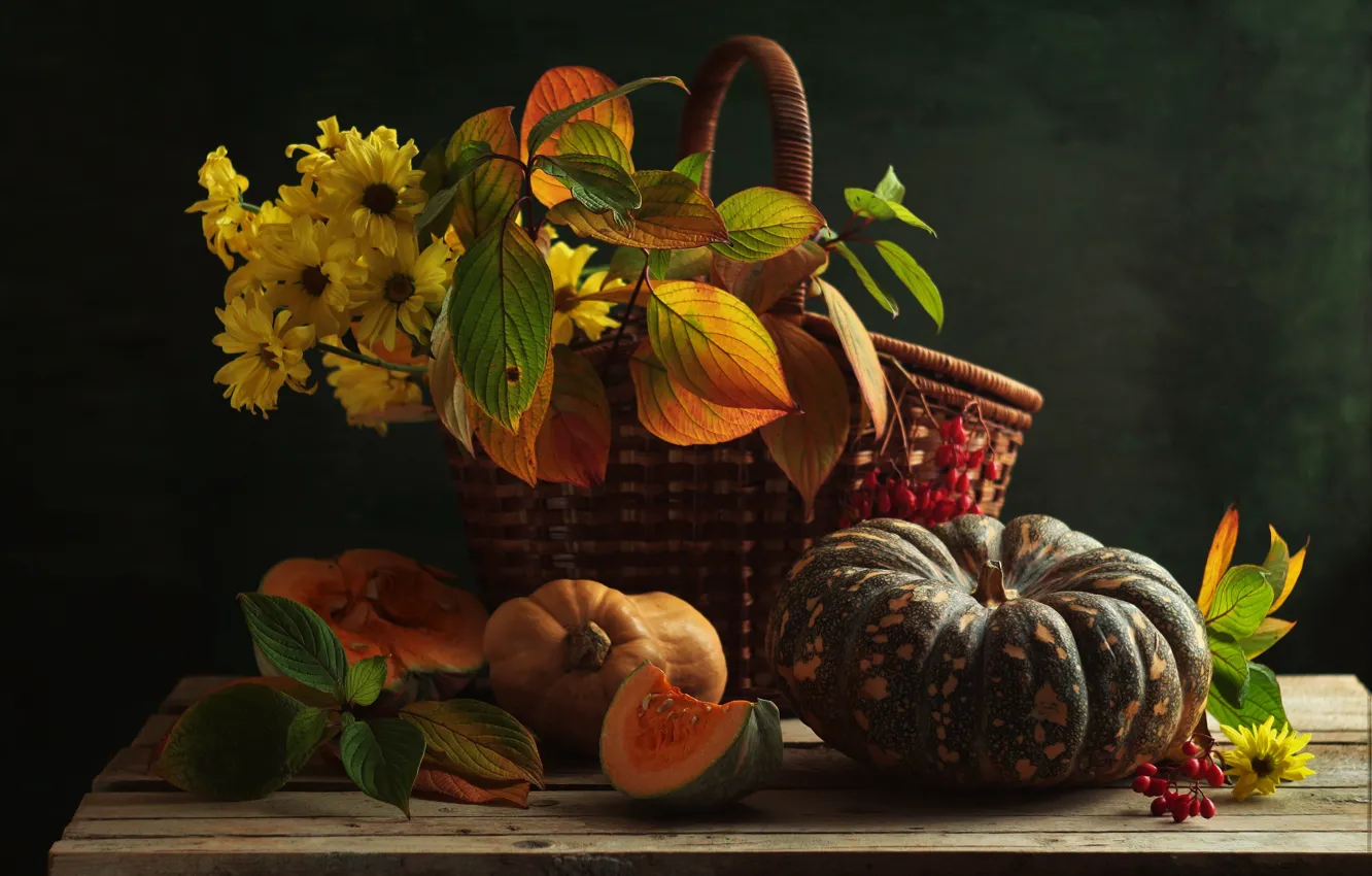 Photo wallpaper leaves, flowers, yellow, table, Board, food, bouquet, pumpkin
