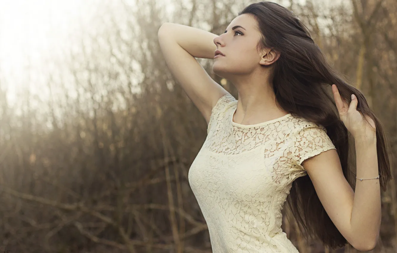 Photo wallpaper model, hair, portrait, hands, makeup, dress, brunette, hairstyle