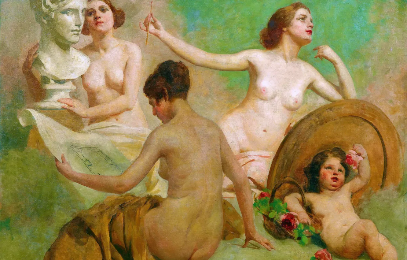 Photo wallpaper Girls, Picture, Nude, Italian artist, Giacomo Grosso, Allegory of the Arts, Giacomo Grosso