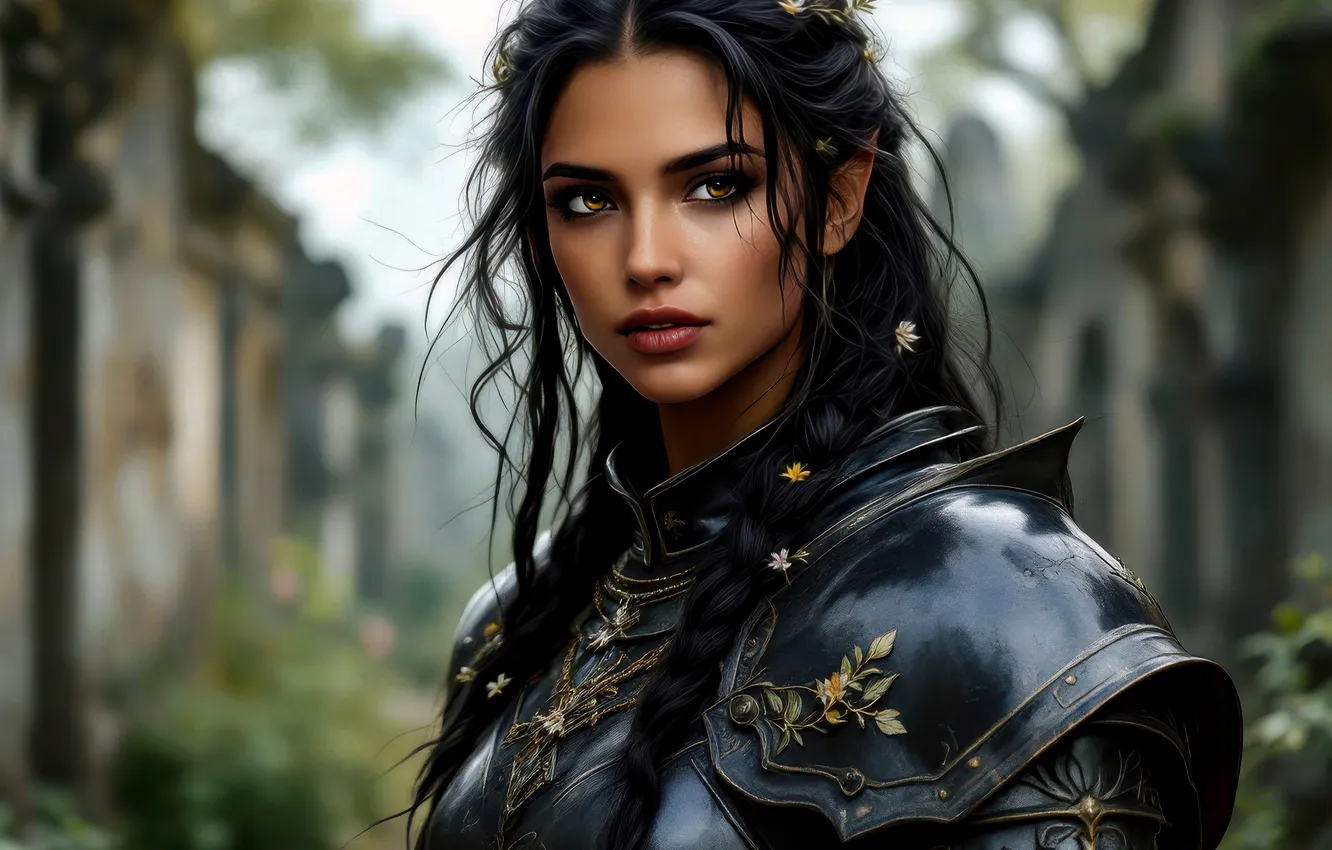Photo wallpaper neural network, portrait, look, AI art, warrior, armor, girl, fantasy