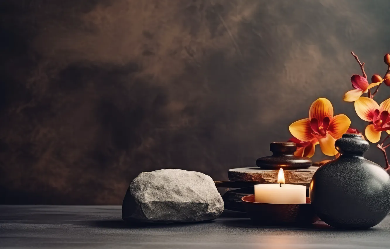 Photo wallpaper flowers, stones, still life, AI art, neural network