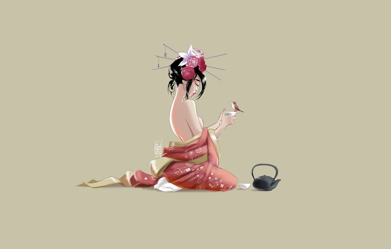 Photo wallpaper girl, bird, tea, Japanese, minimalism, Japan, kettle, art