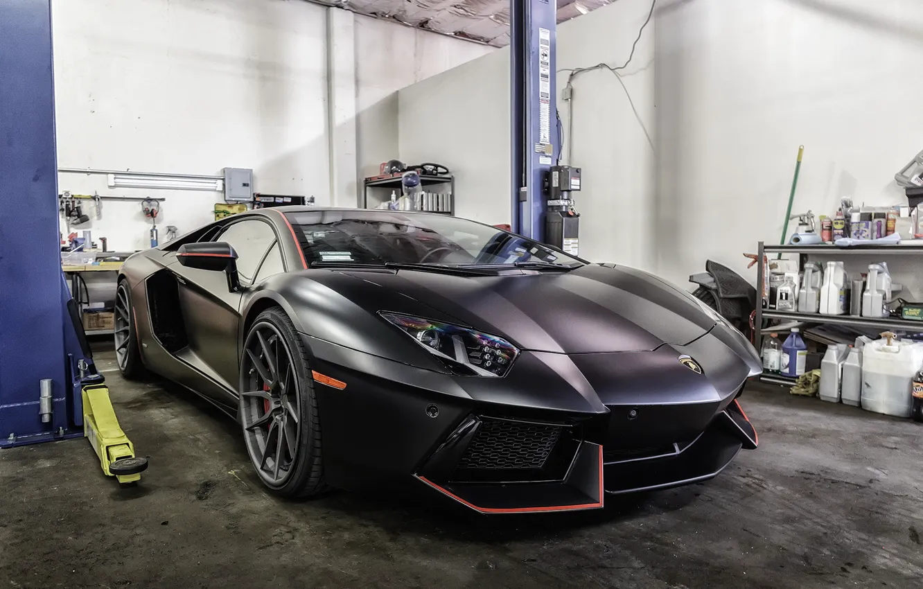 Photo wallpaper Lamborghini, Black, Matte, Aventador, Garage