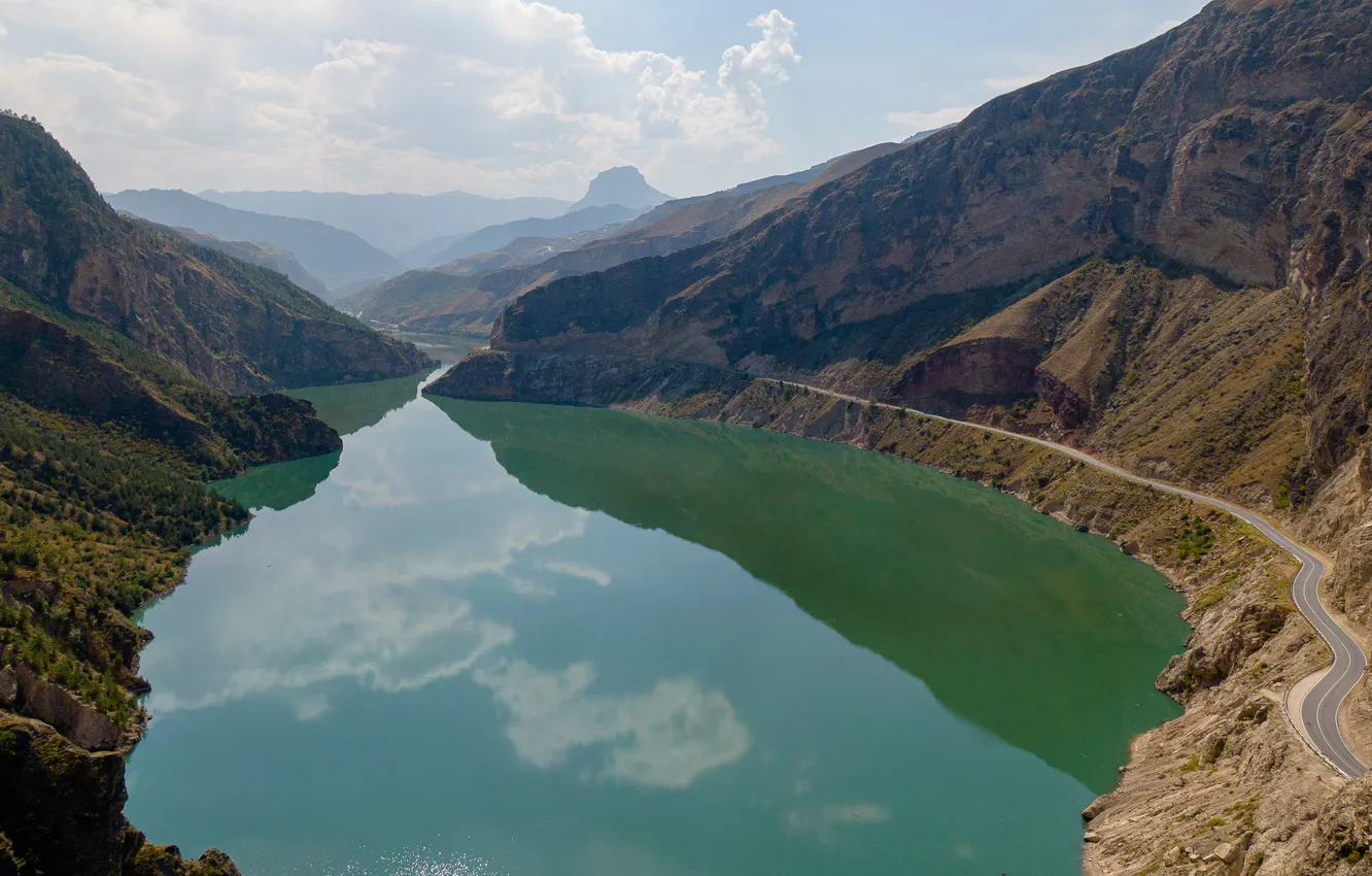 Photo wallpaper road, Russia, landscape, nature, water, mountains, clouds, reflection
