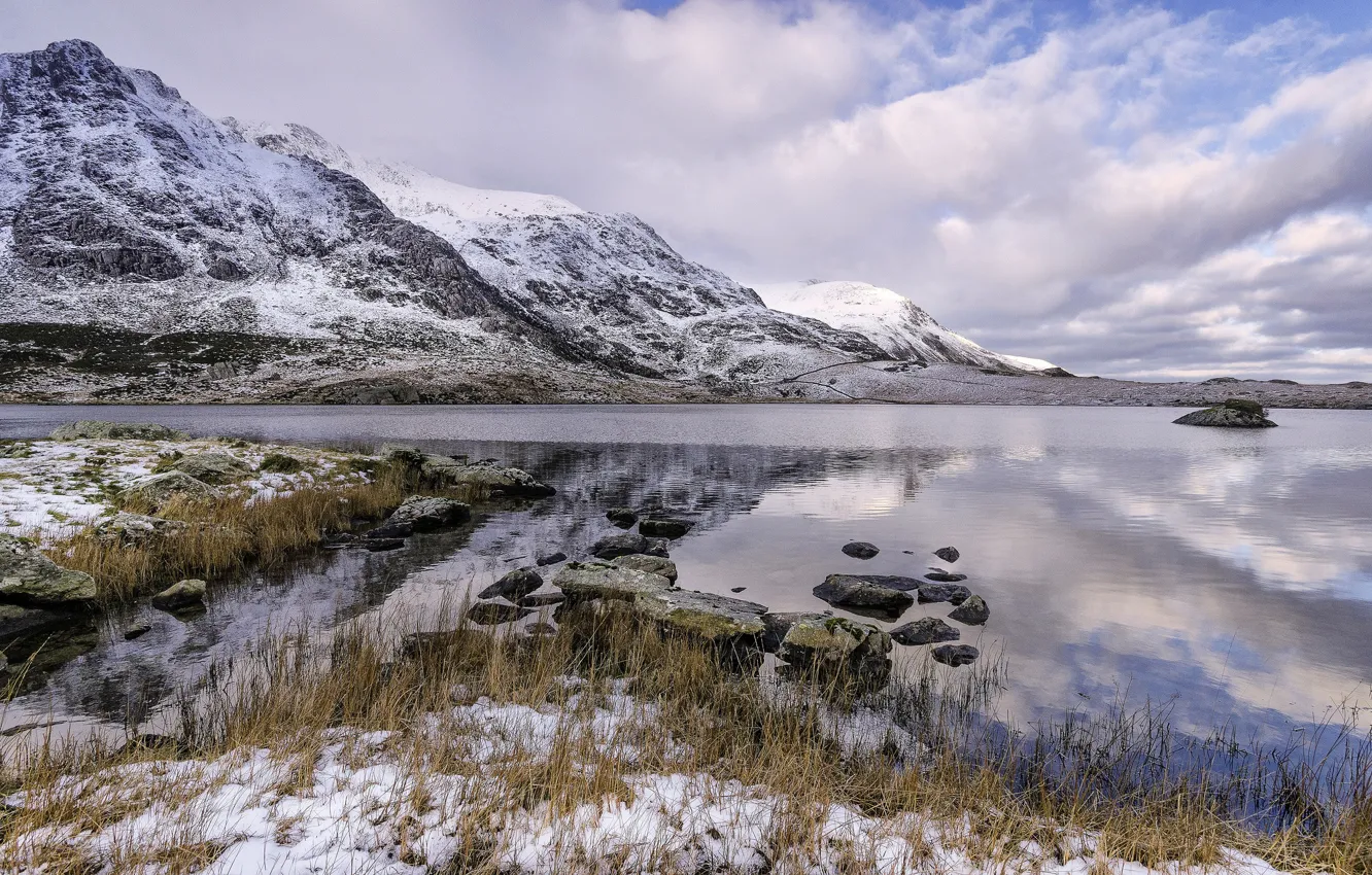 Photo wallpaper clouds, snow, landscape, mountains, lake, Wales, Llyn Idwal