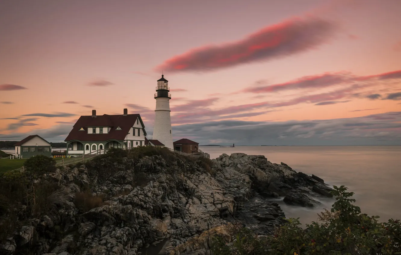 Photo wallpaper sea, the sky, clouds, stones, rocks, shore, lighthouse, home