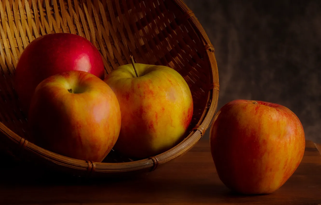Photo wallpaper red, basket, table, basket, still life, fruit, apples