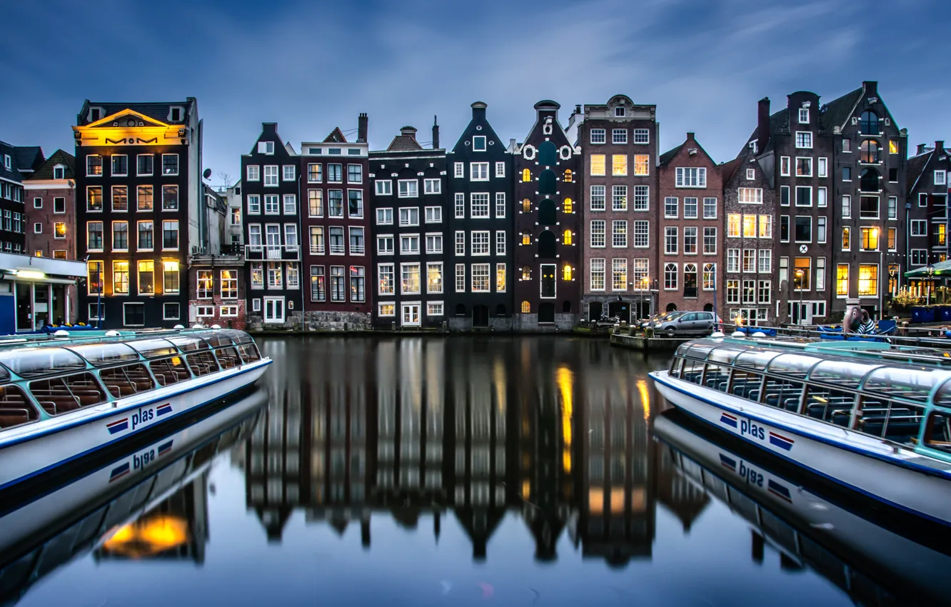Photo wallpaper reflection, building, boats, Amsterdam, channel, Netherlands, Damrak
