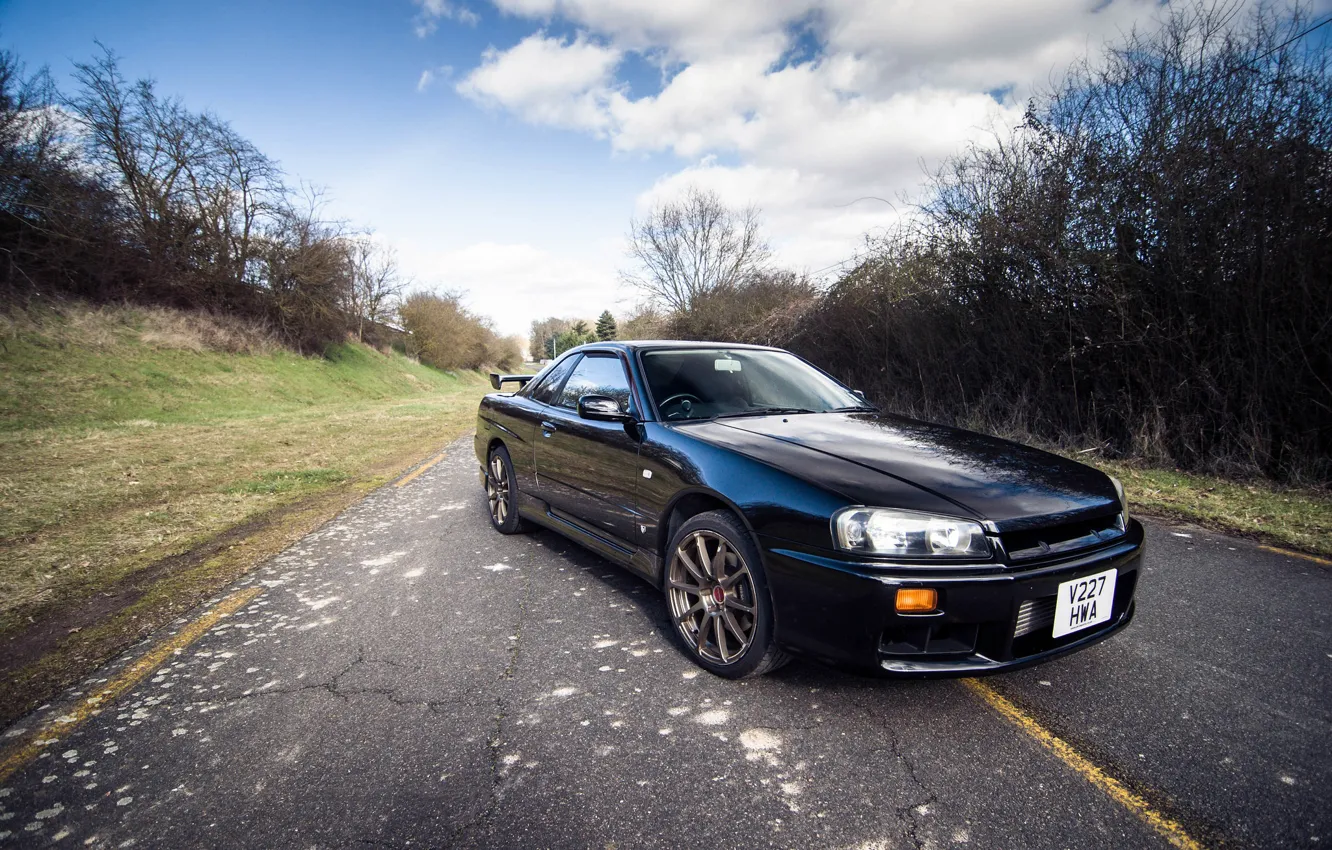 Photo wallpaper Nissan, Black, Road, GTT, Skyline. R34