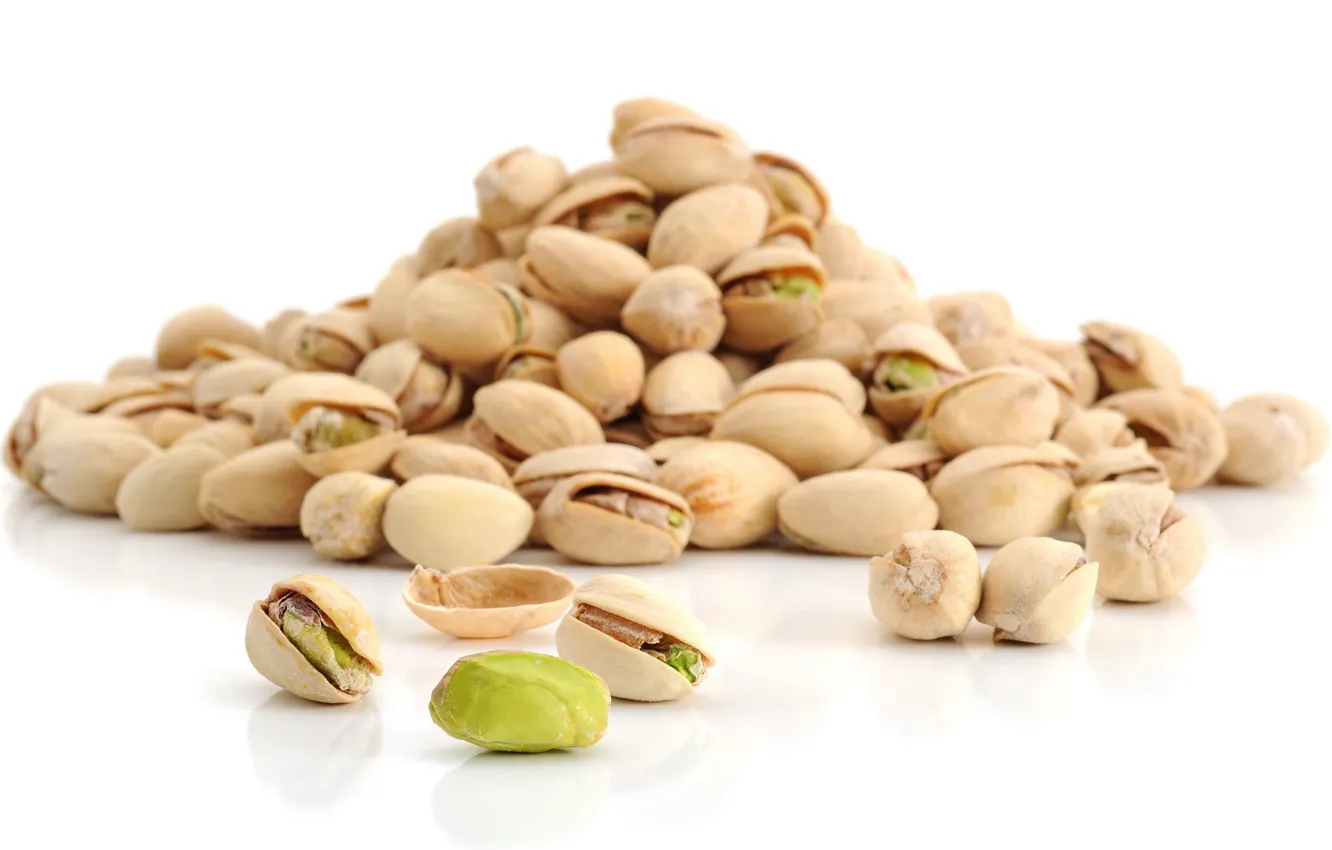 Photo wallpaper white background, nuts, a lot, delicious, pistachios