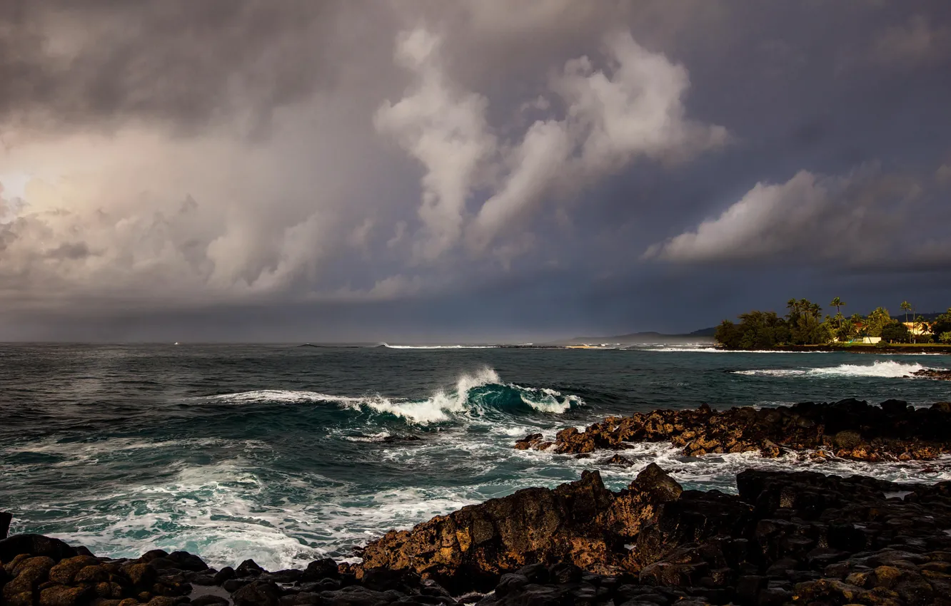 Photo wallpaper wave, the sky, clouds, coast