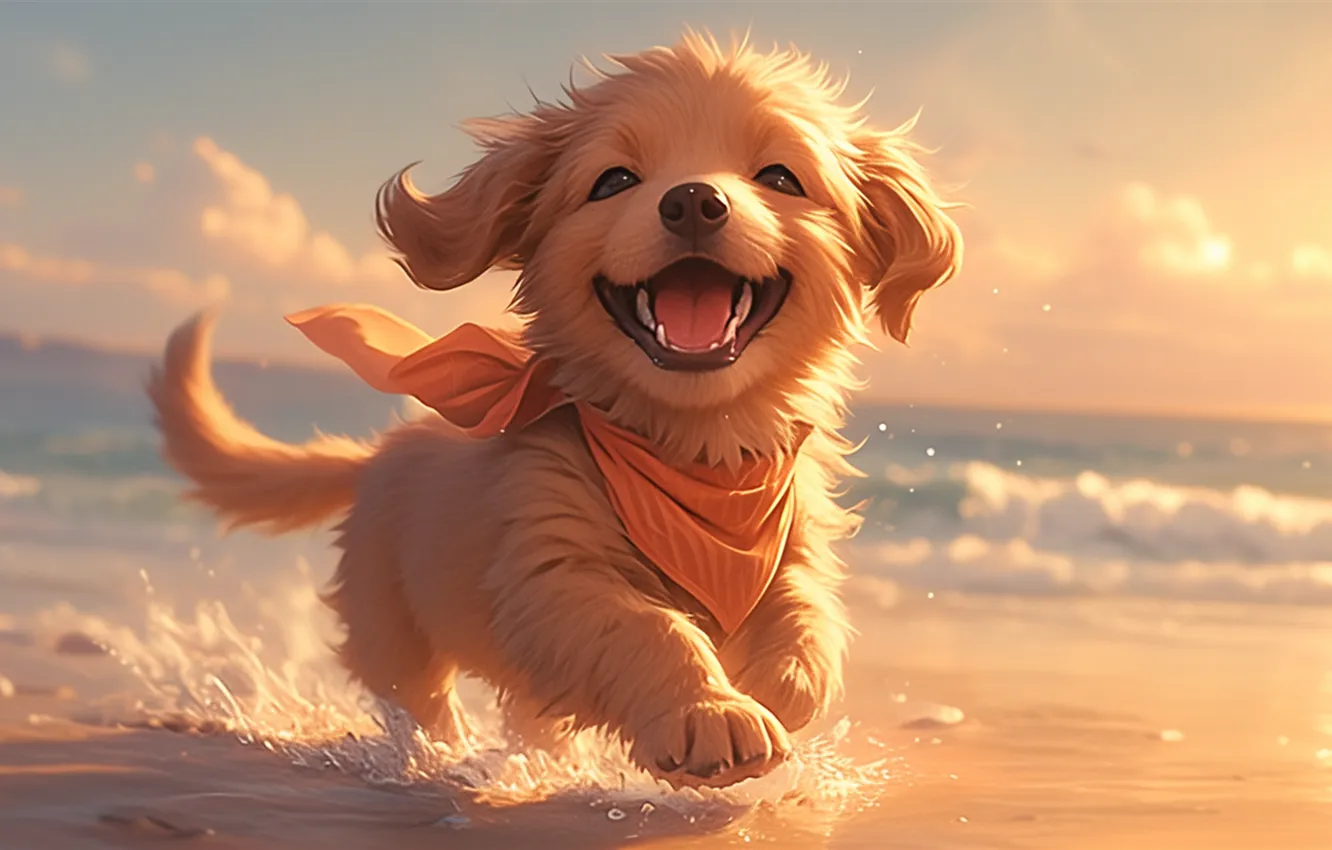 Photo wallpaper sea, wave, smile, coast, dog, puppy, funny, AI art