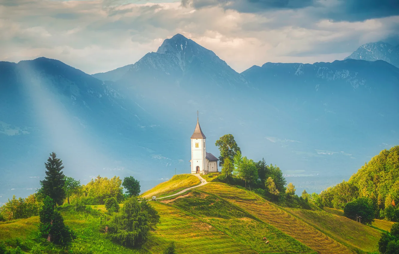 Photo wallpaper summer, clouds, rays, light, trees, mountains, fog, blue
