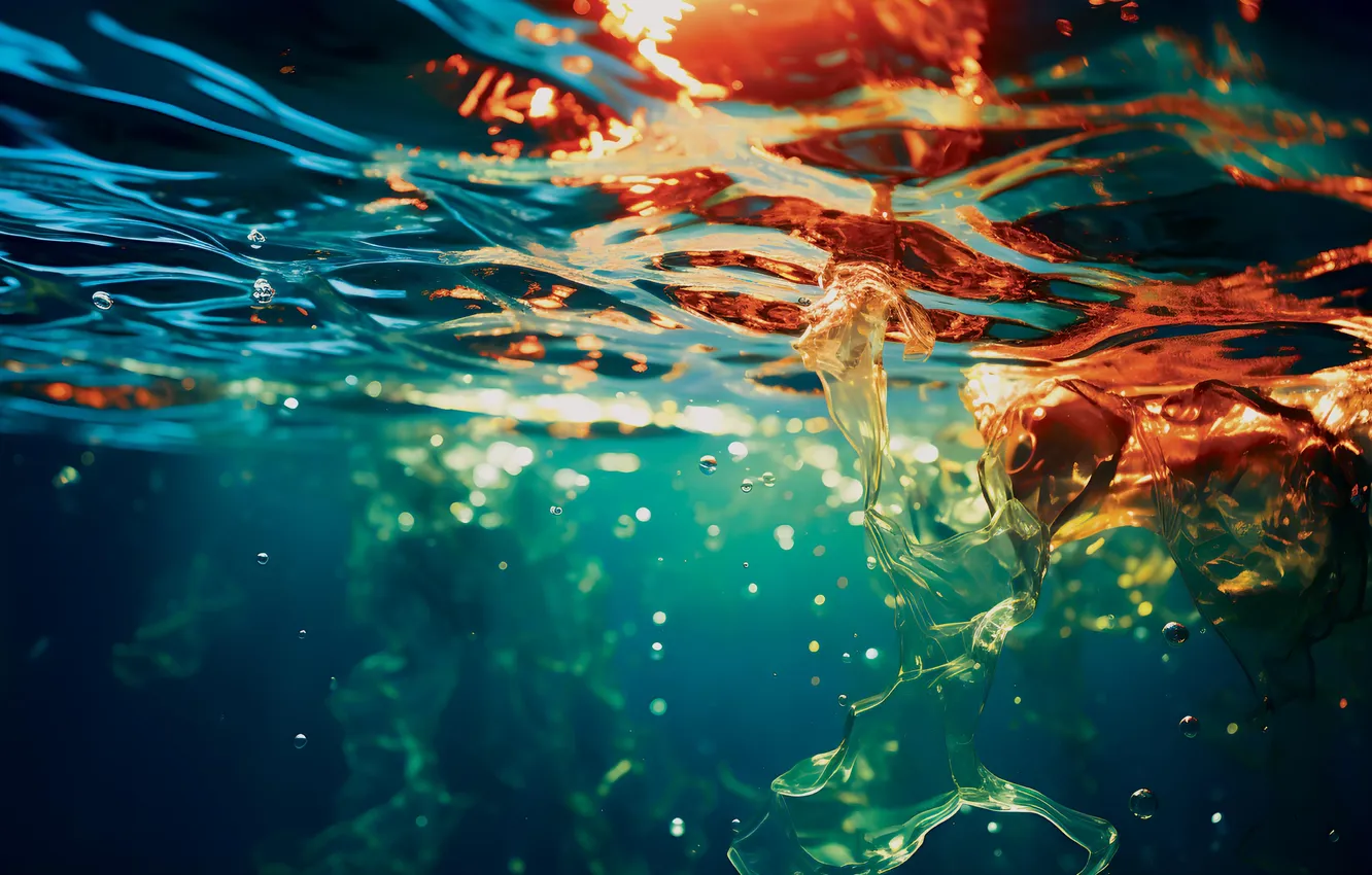 Photo wallpaper water, drops, squirt, abstract, underwater world, underwater, Light in the water