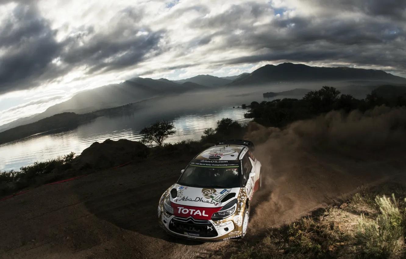 Photo wallpaper Dust, Lake, Clouds, Shadow, Citroen, DS3, WRC, Rally