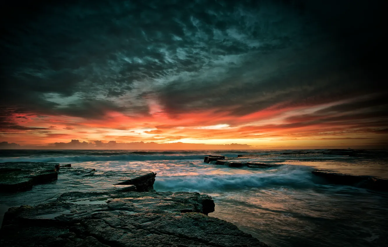 Photo wallpaper sea, wave, the sky, sunset, stones, rocks