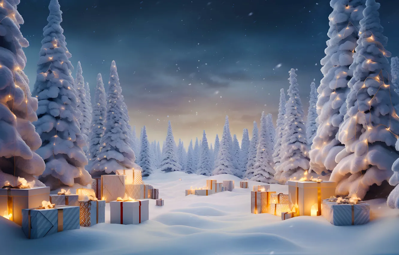 Photo wallpaper winter, forest, snow, box, gift, tree, new year, ate