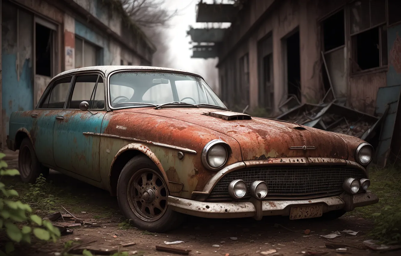 Photo wallpaper machine, auto, old age, rust, ruins