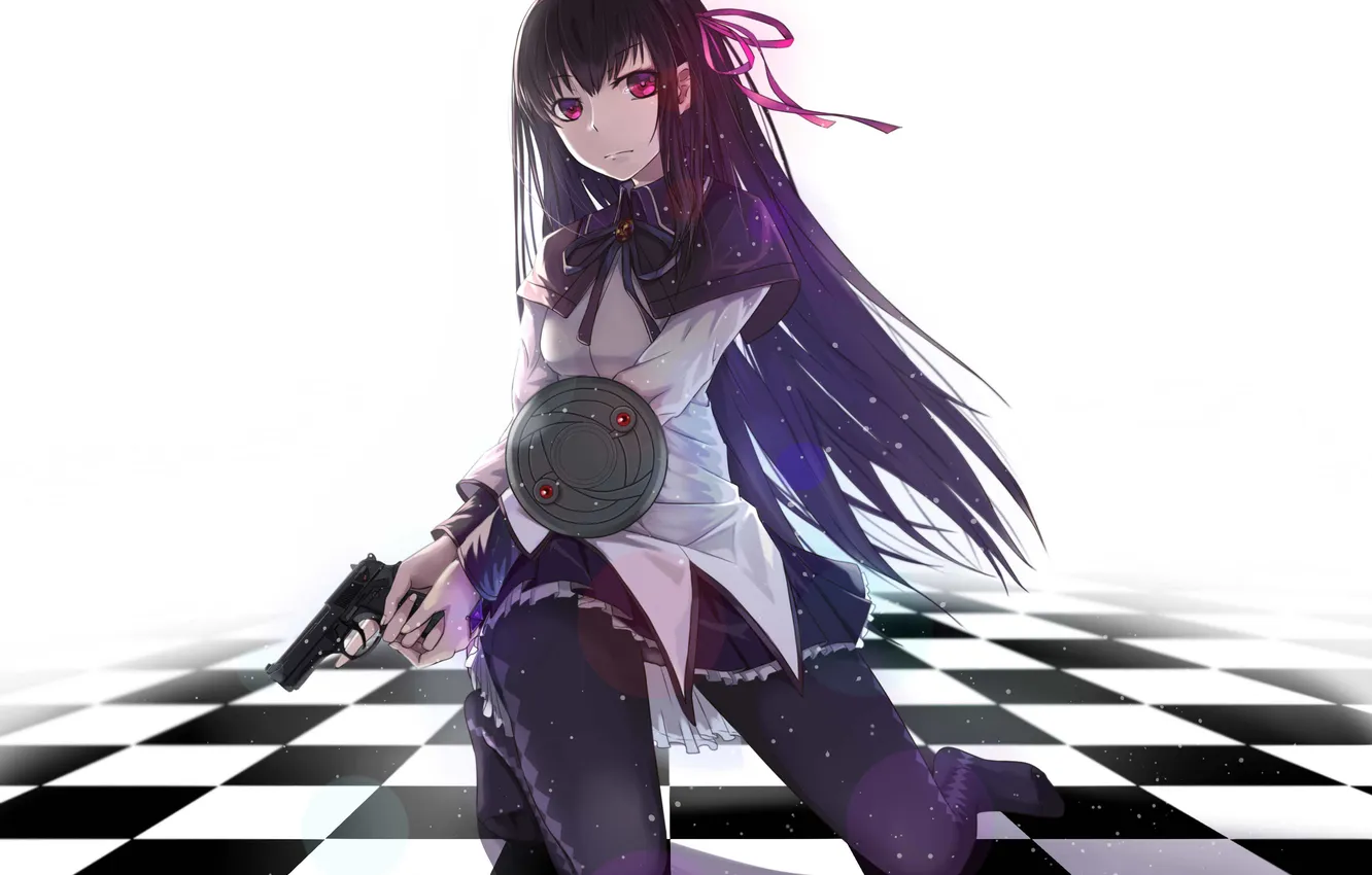 Photo wallpaper look, girl, gun, background, tile, floor, form, tights