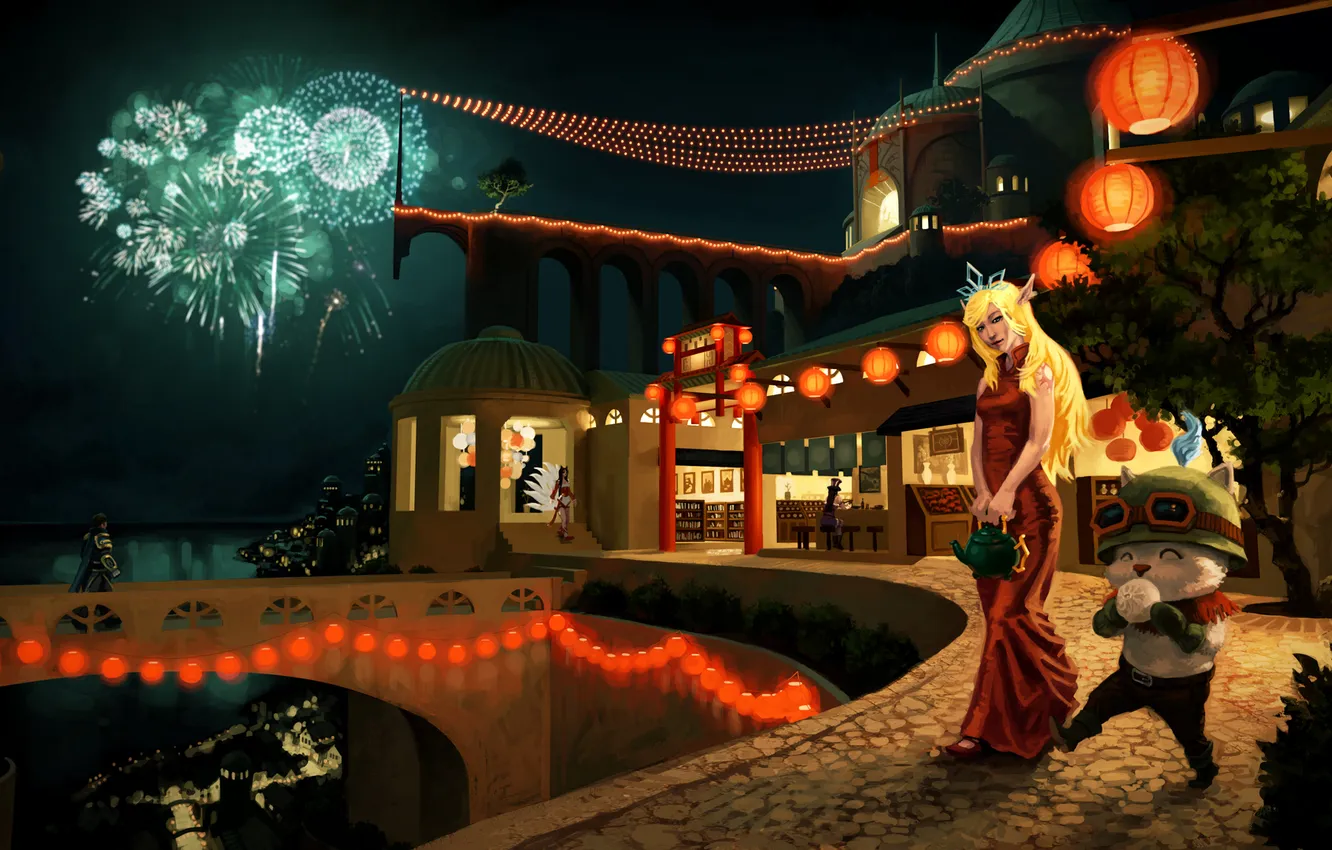 Photo wallpaper girl, night, the city, art, fireworks, League of Legends, Janna, Teemo
