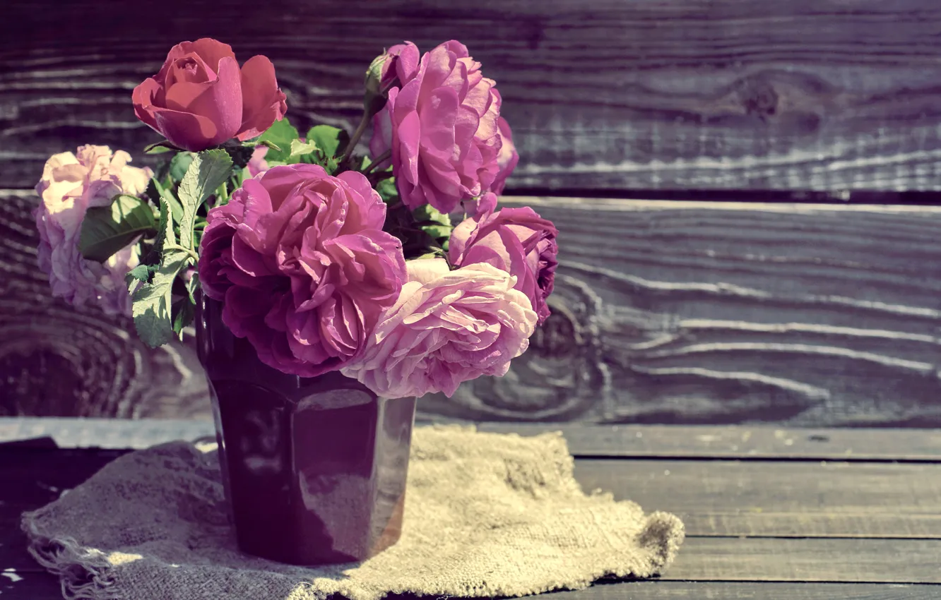 Photo wallpaper roses, pink, wood, pink, flowers, beautiful