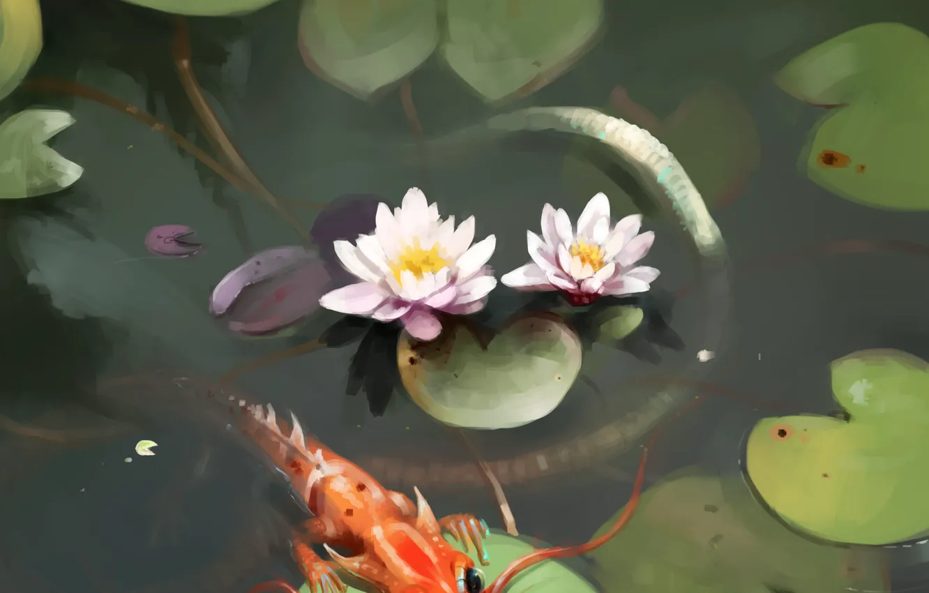 Photo wallpaper pond, dragon, water lilies, by SalamanDra-S