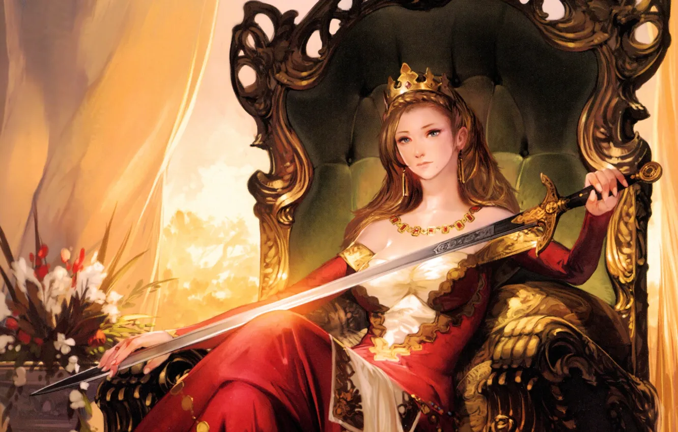 Photo wallpaper necklace, crown, neckline, red dress, Queen, queen, flowers in a vase, on the throne