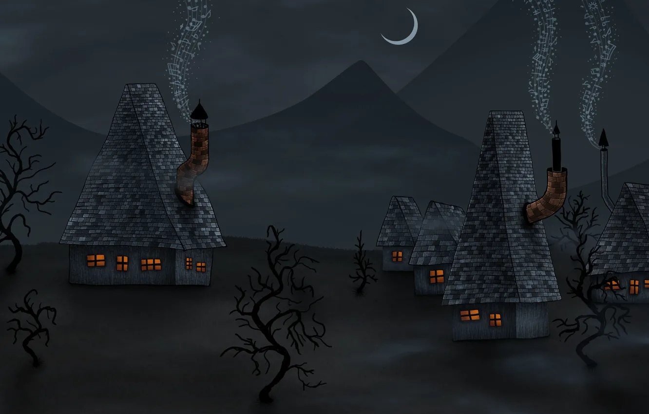 Photo wallpaper smoke, village, pipe, mill