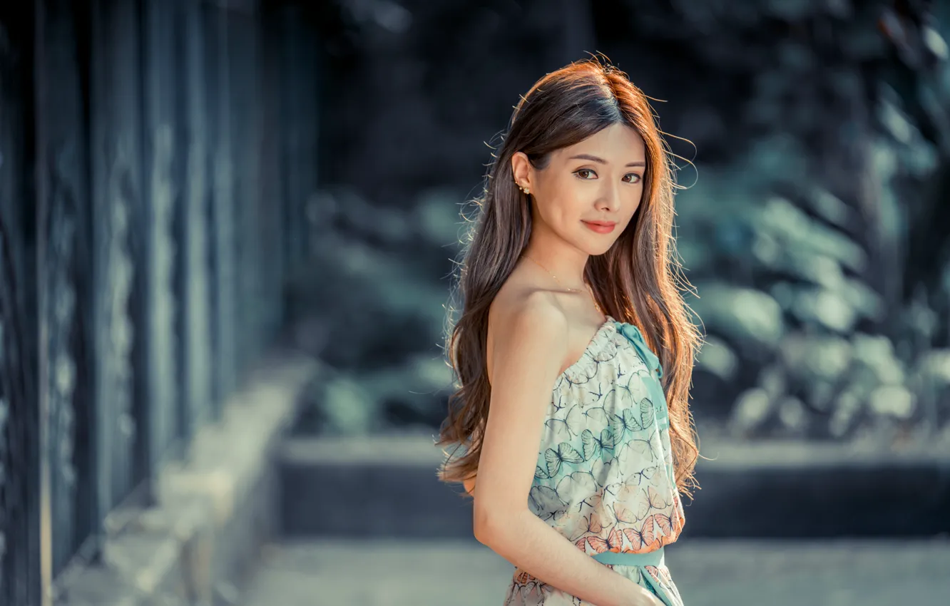 Photo wallpaper girl, hair, dress, Asian, bokeh