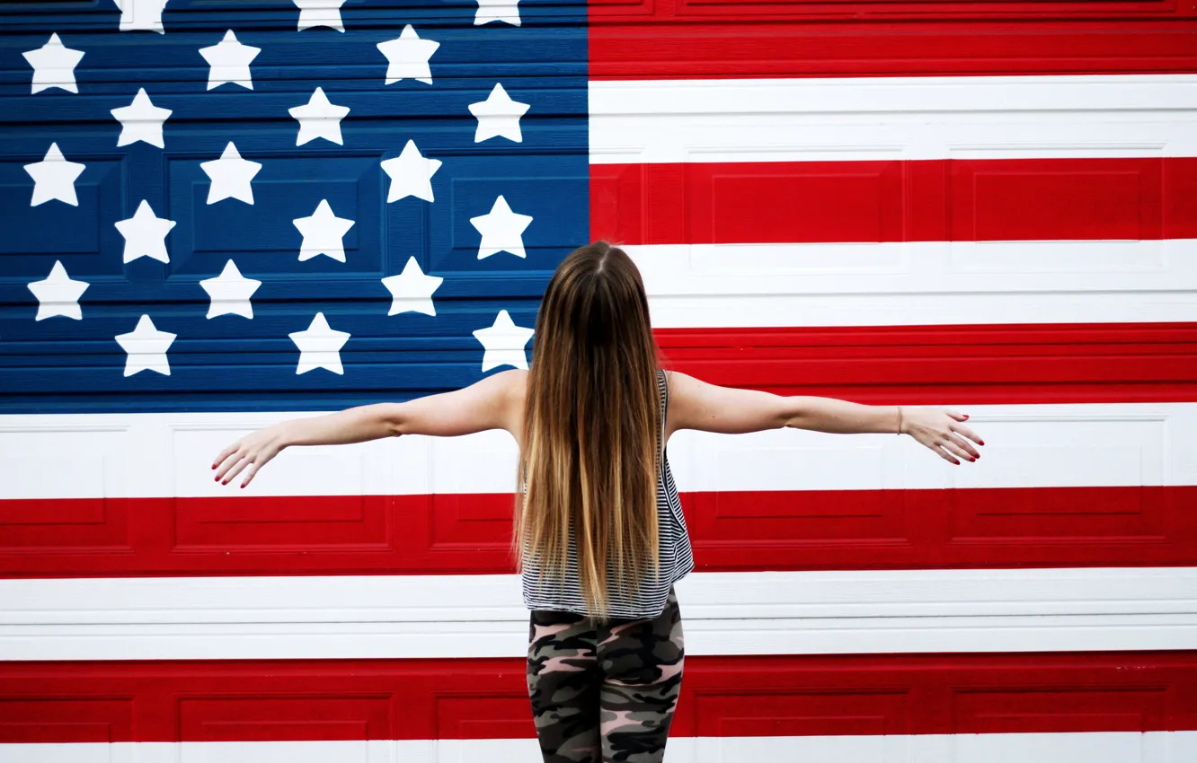 Photo wallpaper girl, wall, flag