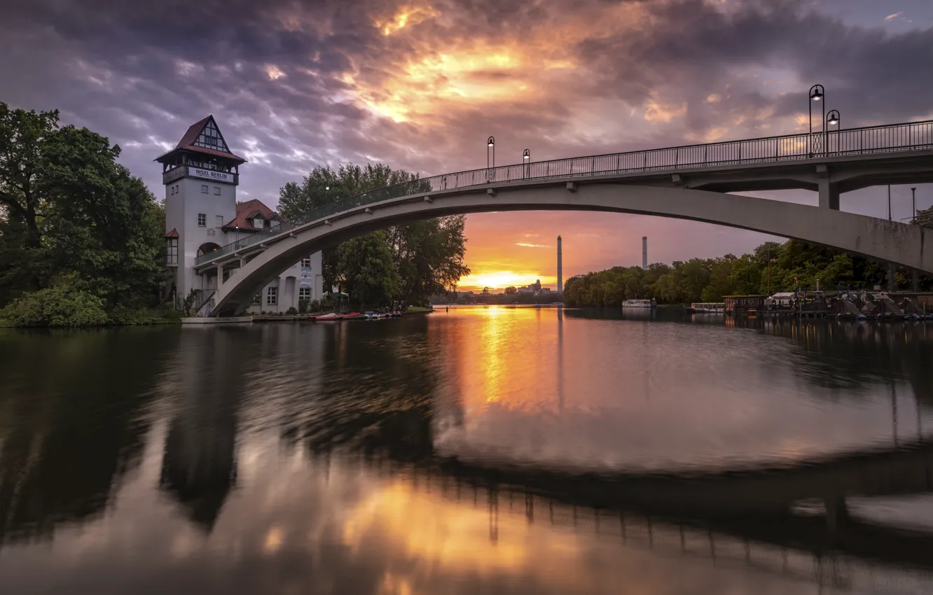 Photo wallpaper landscape, bridge, the city, river, dawn, morning, Germany, Berlin