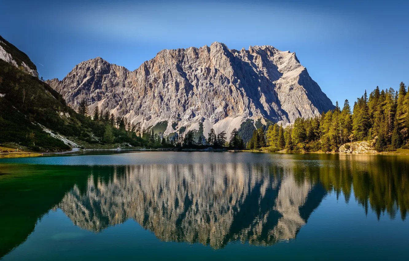 Photo wallpaper forest, the sky, mountains, reflection, blue, rocks, shore, tops