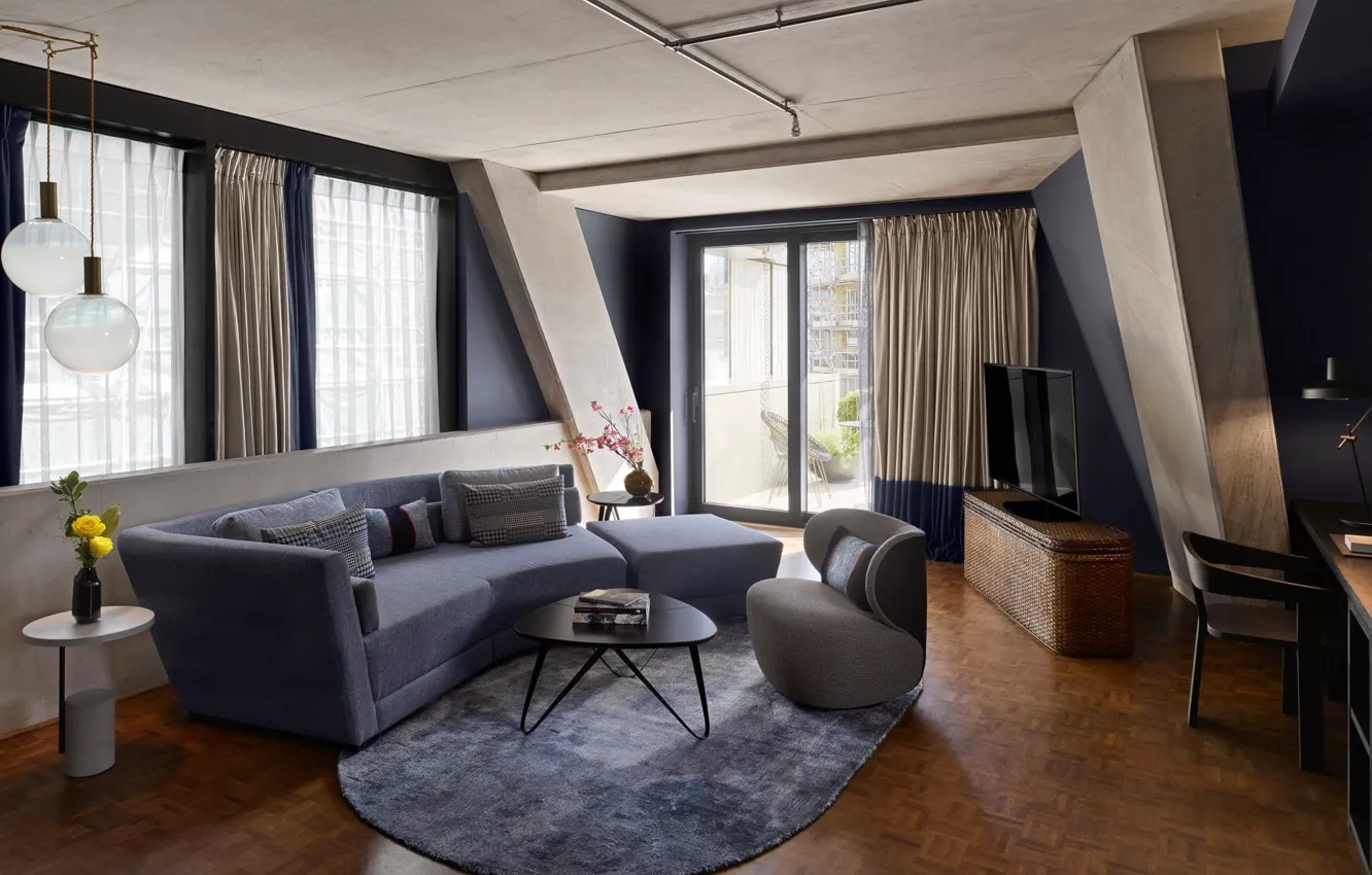 Photo wallpaper room, interior, balcony, Nobu Hotel Shoreditch, by Ben Adams Architects and Studio Mica and Studio