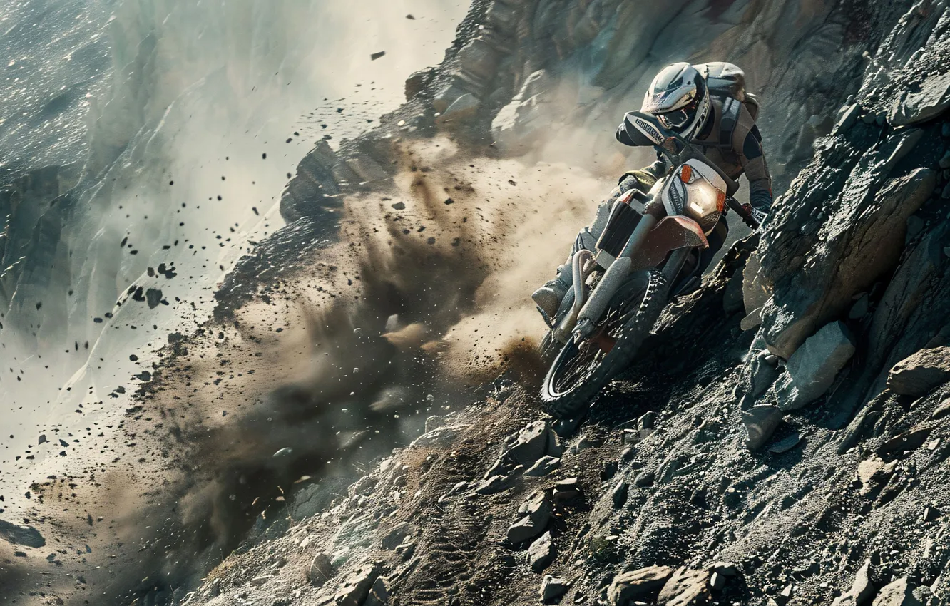 Photo wallpaper mountains, squirt, dust, motorcycle, athlete, male, Motorsport, digital art