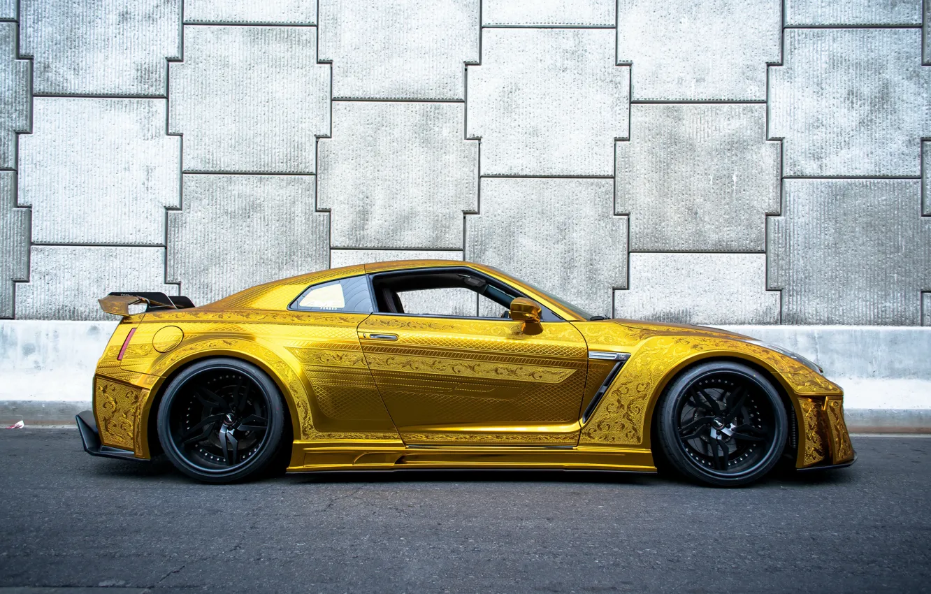 Photo wallpaper nissan, gold, gtr, racing, kuhl