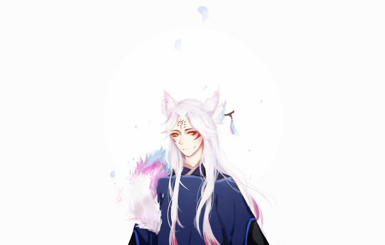 Photo wallpaper petals, white background, guy, onmyoji, Onmyouji, Onmyouji (NetEase), Youko