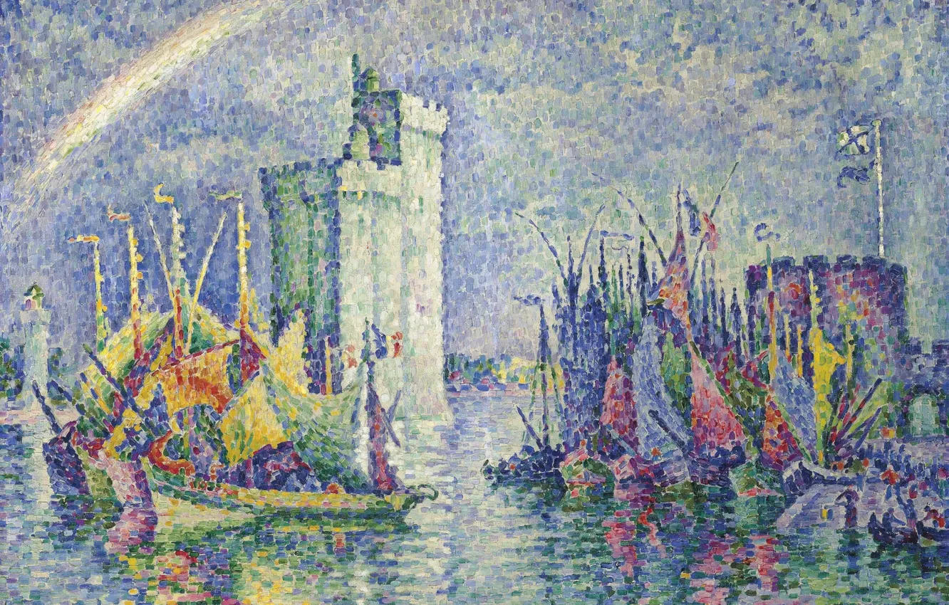 Photo wallpaper landscape, ship, rainbow, picture, sail, Paul Signac, pointillism, La Rochelle. Port
